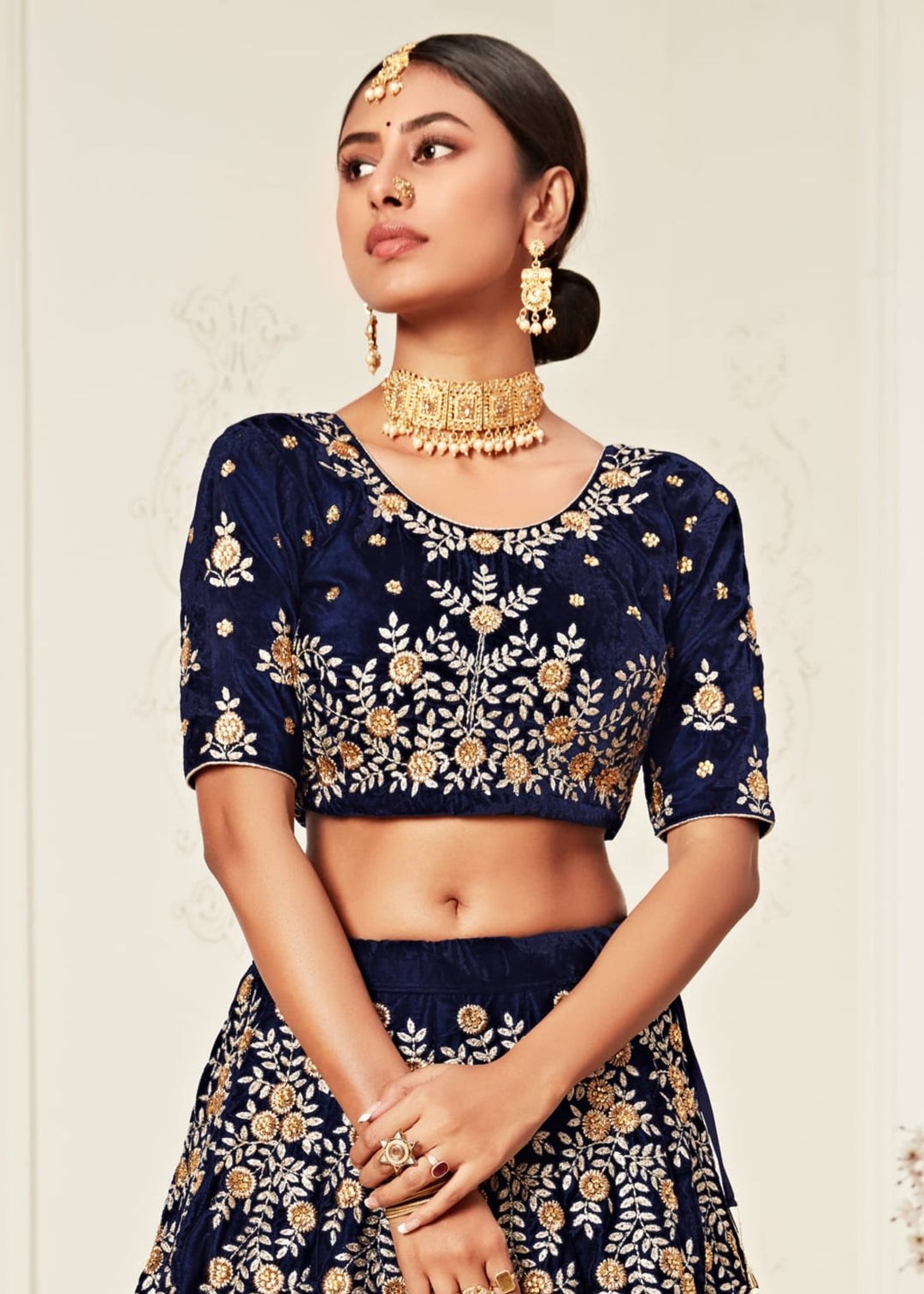 Navy Blue Velvet Lehenga With Zari & Thread embroidery With Diamond Work