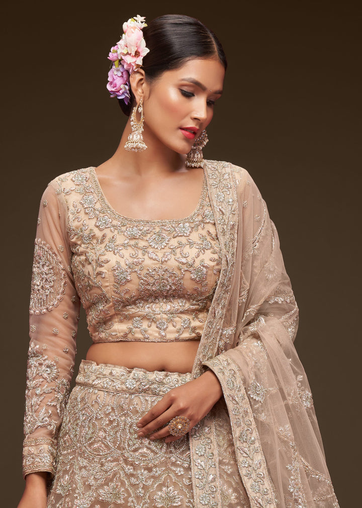 Royal Beige Soft Net Lehenga with Thread, Zari, Badla and Glitter Dori Embroidery Work