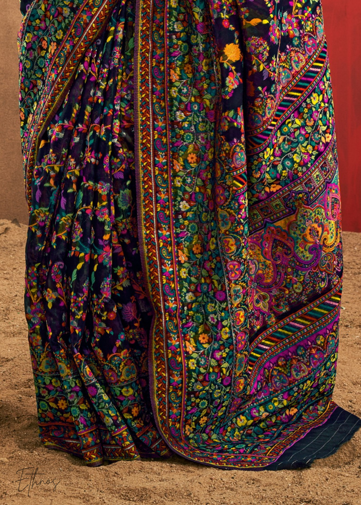 Aubergine Purple with Multicolour Kashmiri Floral Weave Saree