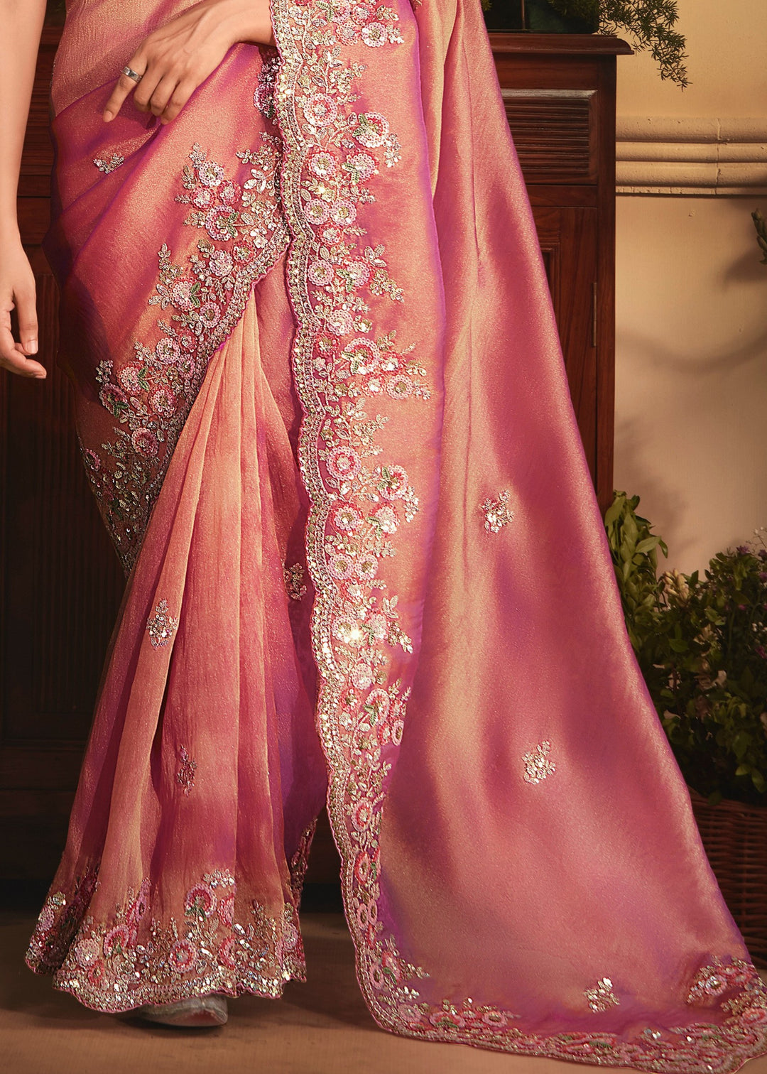Deep Rose Pink Tissue Organza Saree With Heavy Embroidery