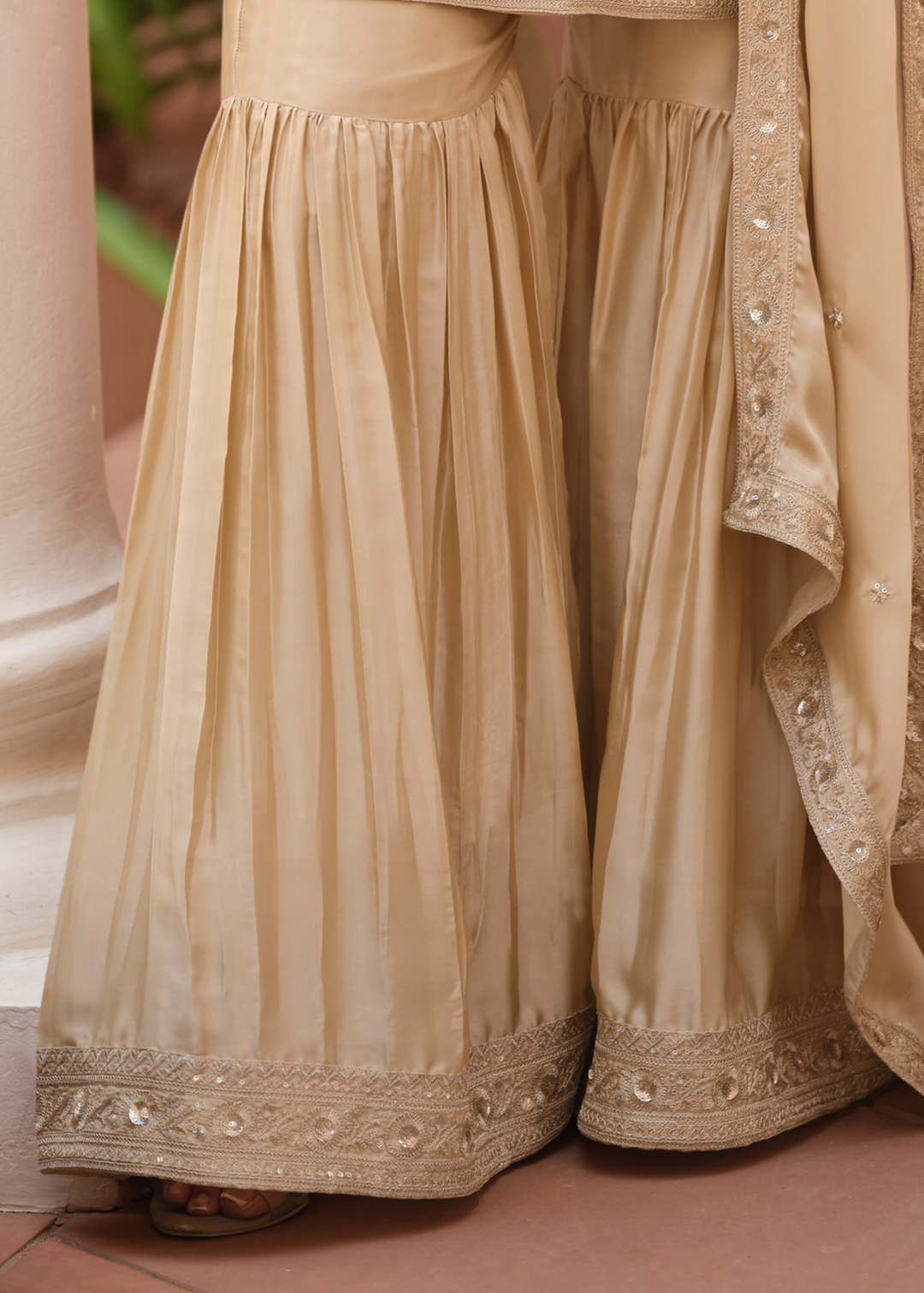 Champagne Beige Silk Satin Sharara Suit