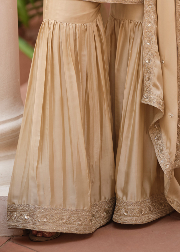 Champagne Beige Silk Satin Sharara Suit