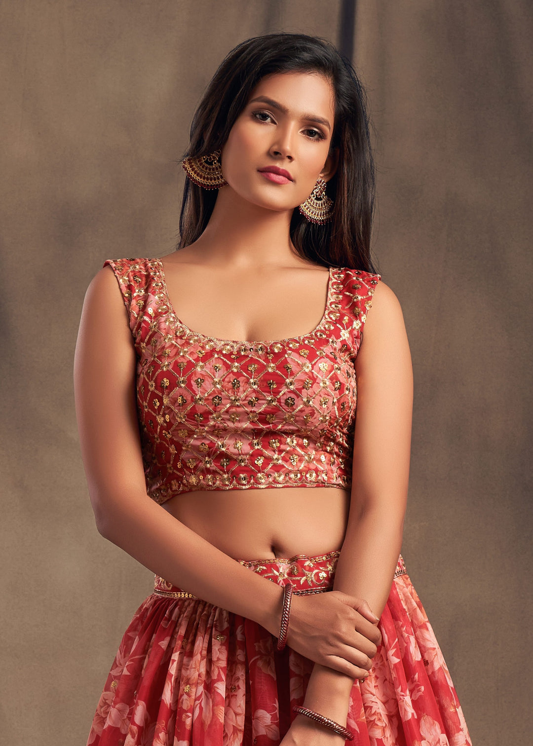 Red Organza Lehenga Sequins Zari Embroidery Work