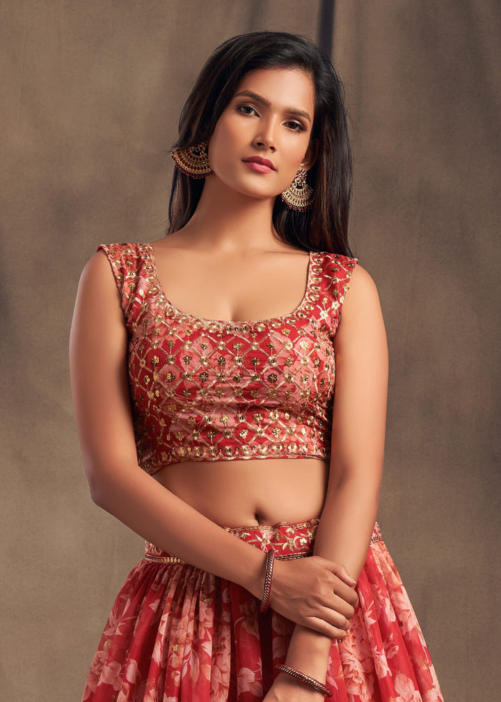 Red Organza Lehenga Sequins Zari Embroidery Work