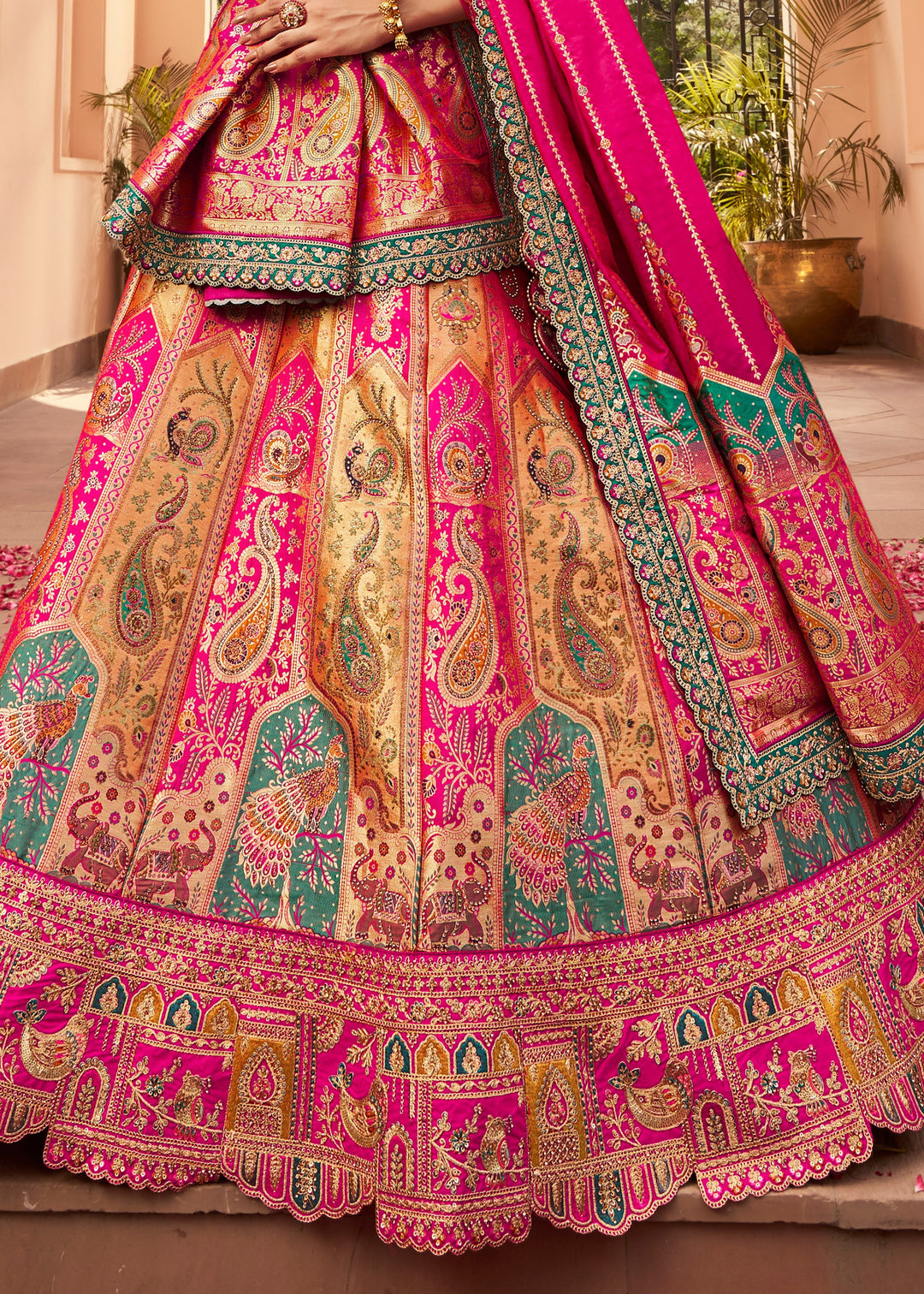 Magenta Pink Banarasi Silk Lehenga With Golden Zari Work