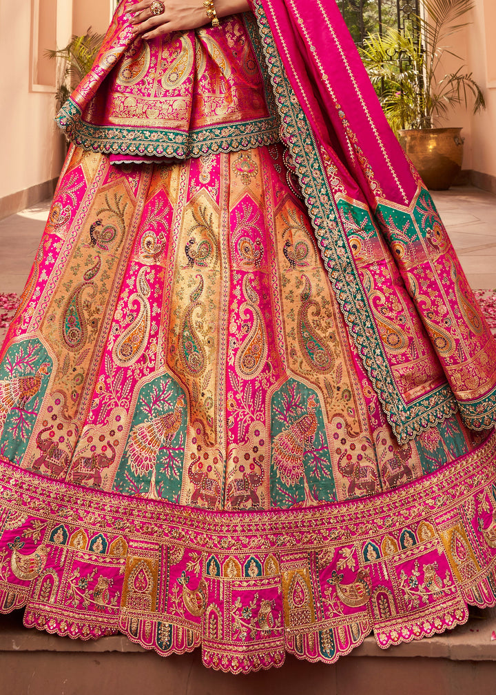 Magenta Pink Banarasi Silk Lehenga With Golden Zari Work