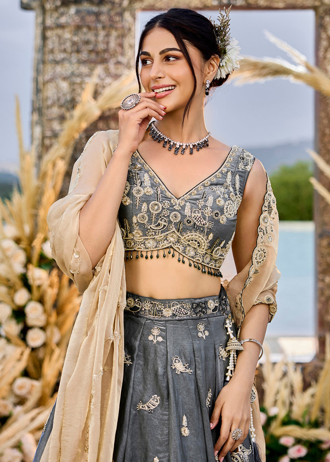 Grey Tissue Lehenga Choli with Beads & Sequince Embroidered