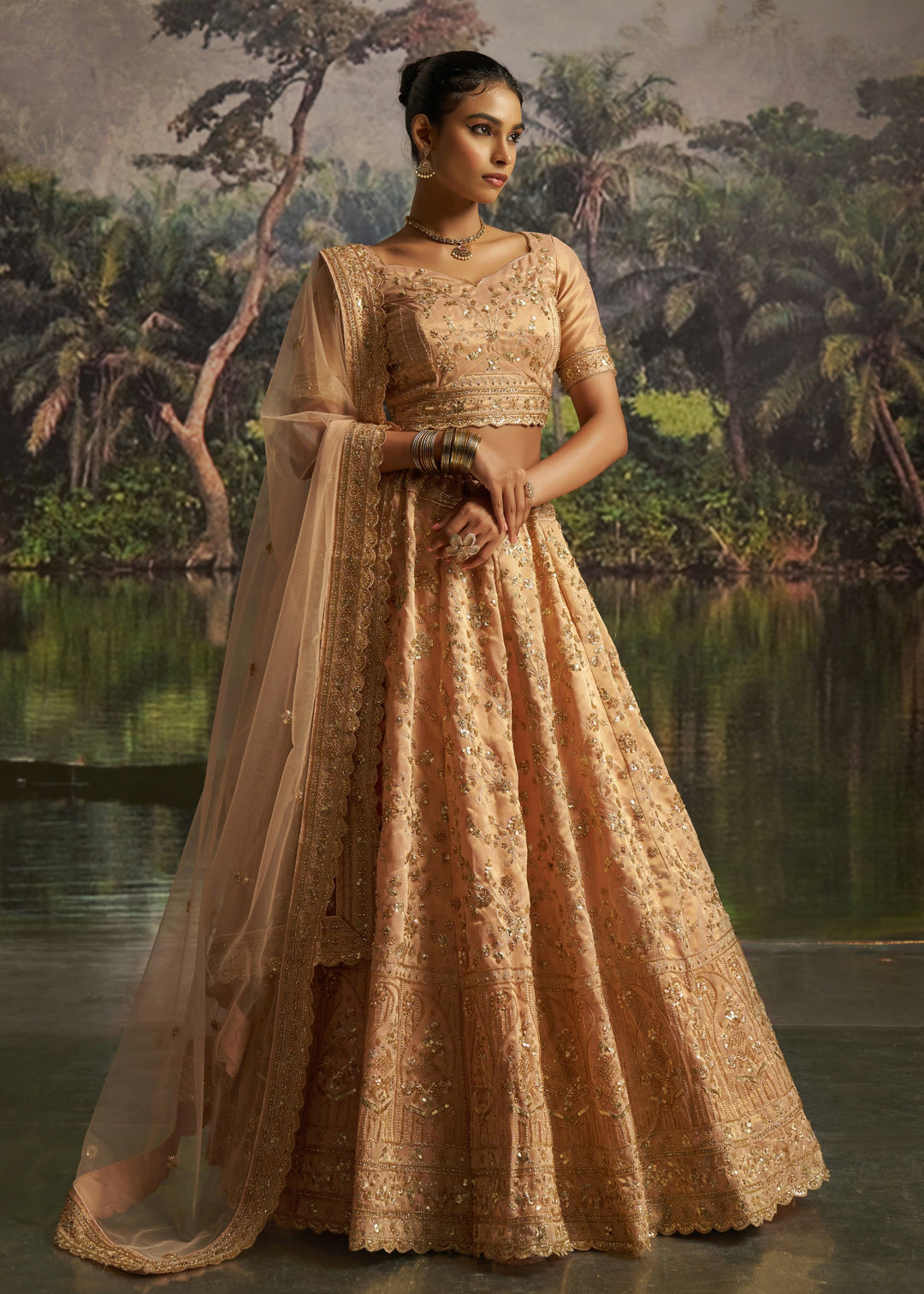 Peachy Rose Gold Gota Silk Lehenga With Embroidery
