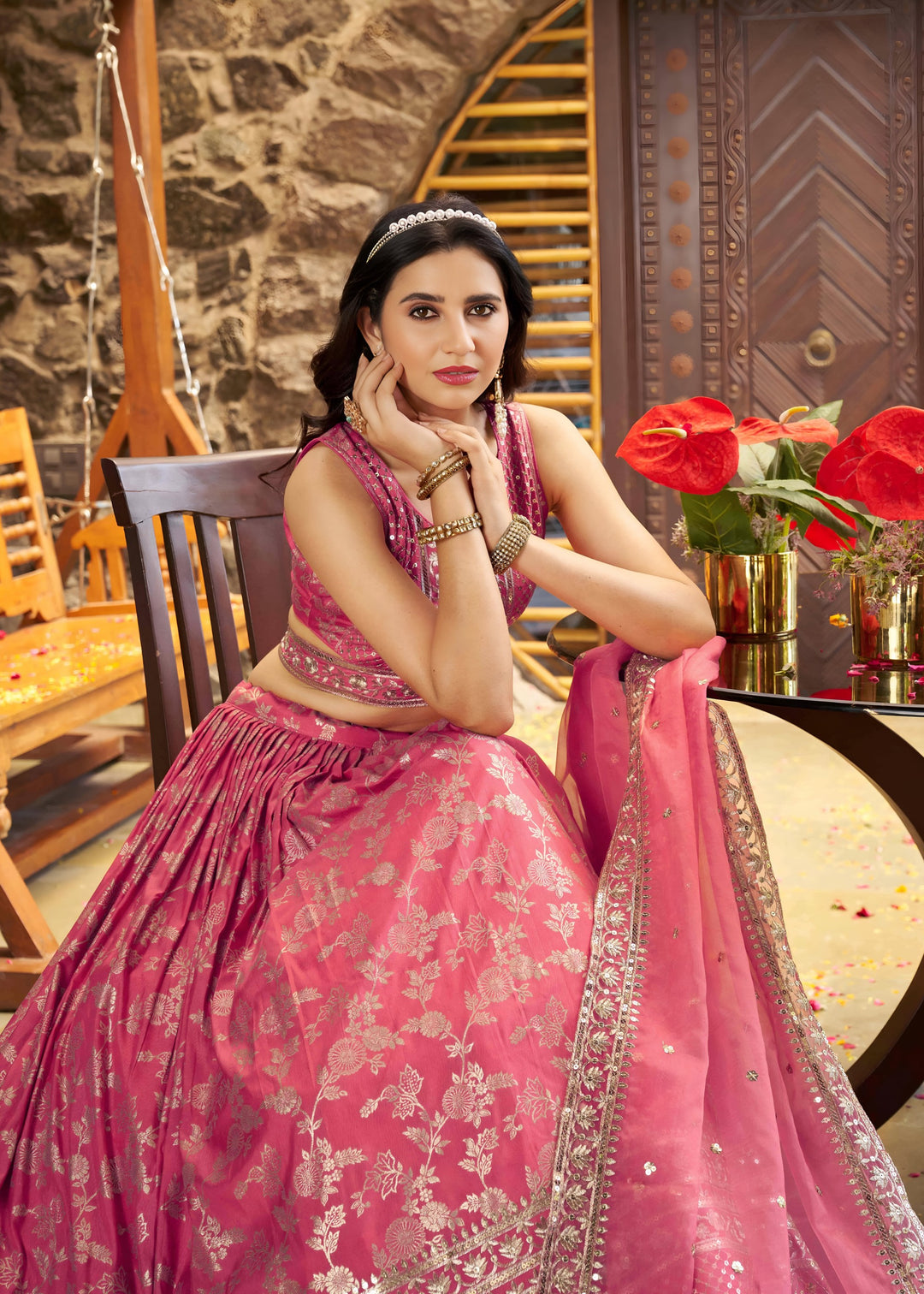 Peach Sequins and Zari Embroidery Work Silk Lehenga