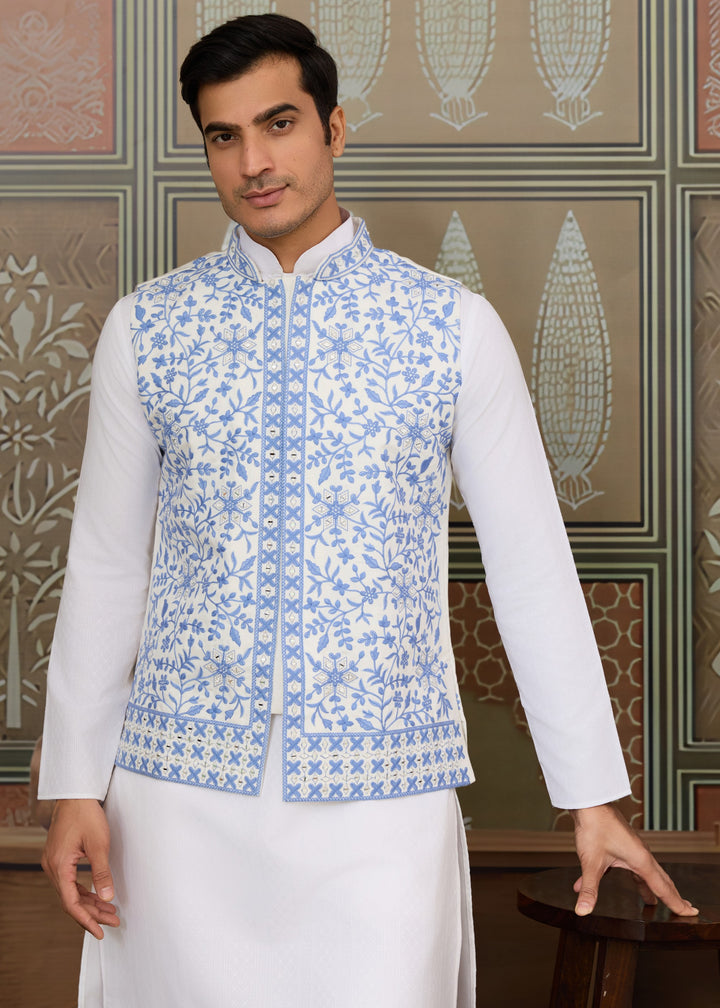 White Kurta And Pant With Soft Powder Blue And White Embroidered Nehru Jacket
