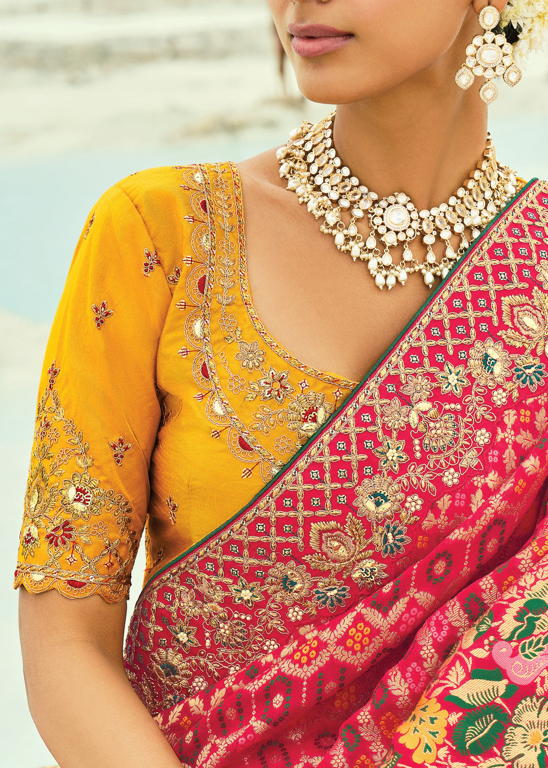 French Pink Georgette Bandhej Saree With Moti & Cut-Dana Handwork Border