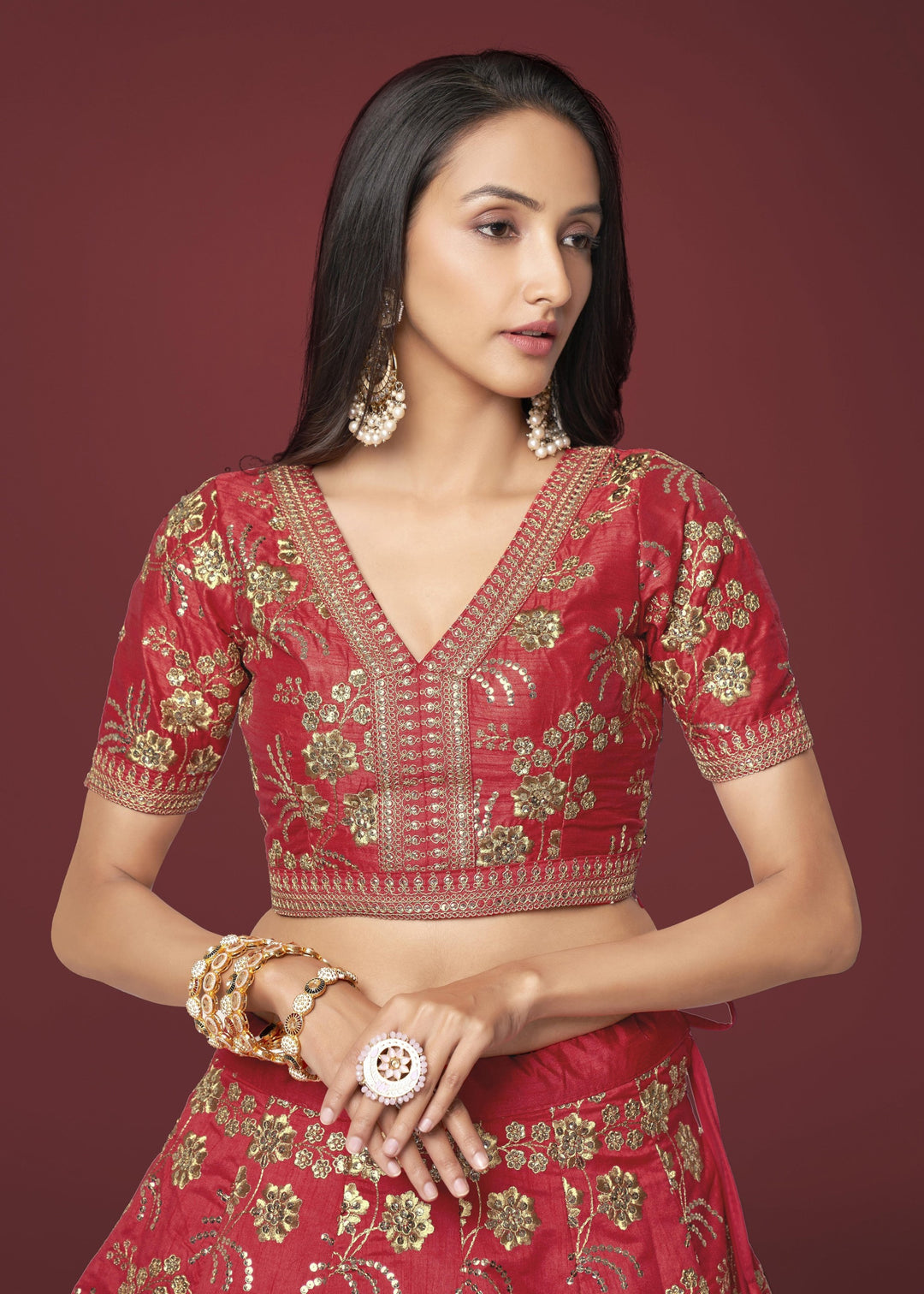 Red Slub Silk Lehenga with Zari Sequins and Dori Embroidery Work