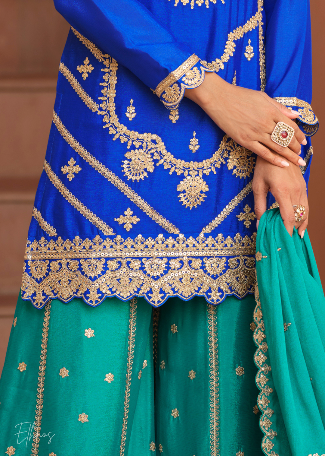 Royal Blue And Teal Green Silk Salwar Suit