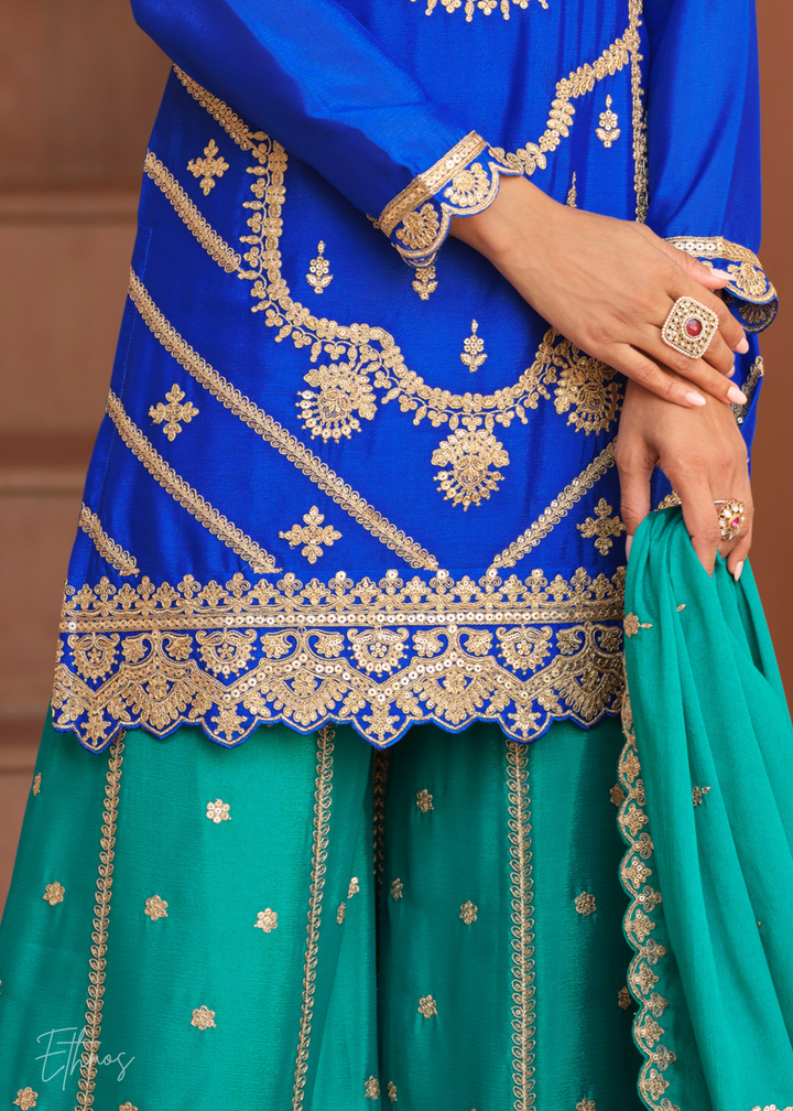 Royal Blue And Teal Green Silk Salwar Suit