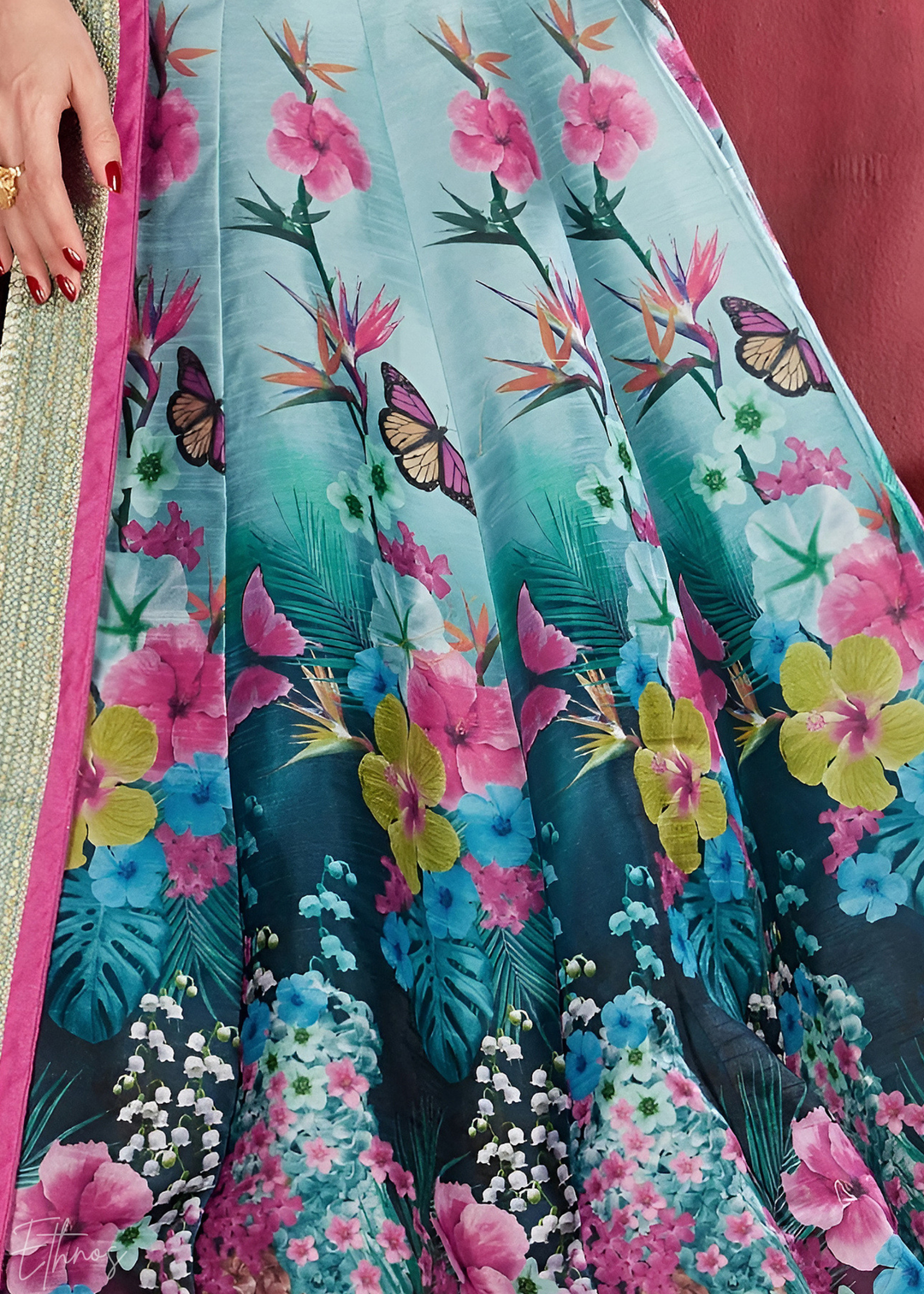 Deep Teal & Obsidian Zari Rose Silk Lehenga