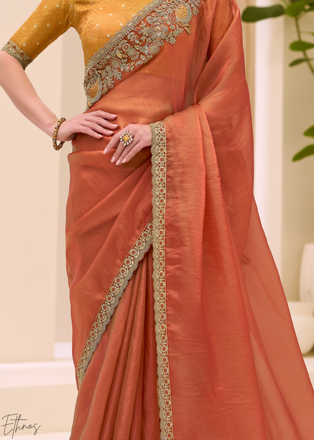 Rust Orange Metallic Sheen Two-Tone Satin Saree