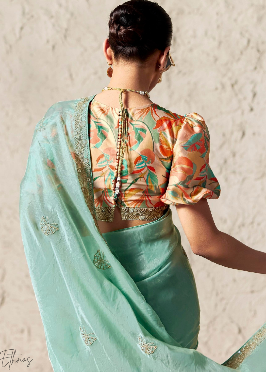 Aqua Blue Embroidered Glass Tissue Designer Saree