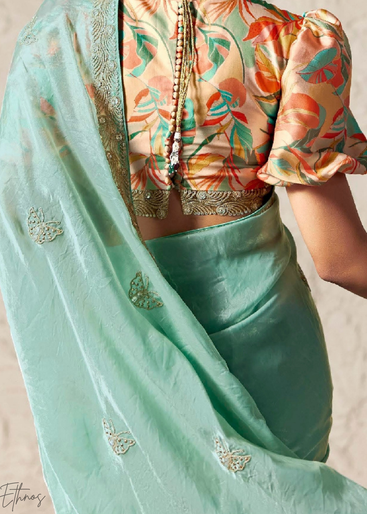 Aqua Blue Embroidered Glass Tissue Designer Saree