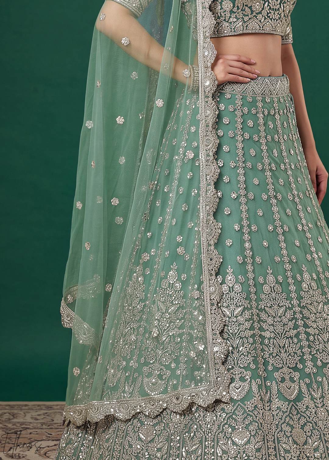 Pistachio Green Heavy Floral Embroidered Net Lehenga