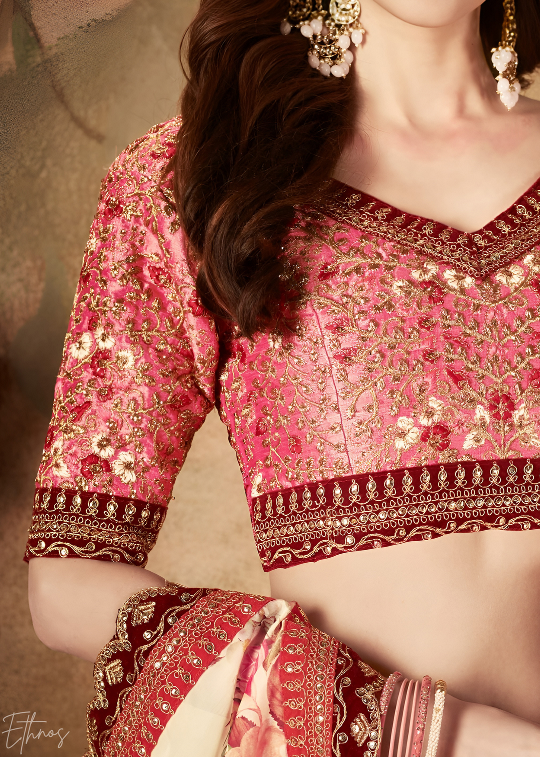 Cream Beige Garden Floral Printed Organza Lehenga