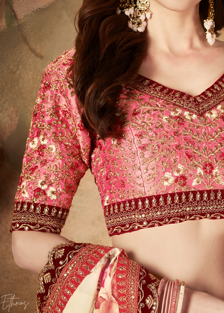 Cream Beige Garden Floral Printed Organza Lehenga
