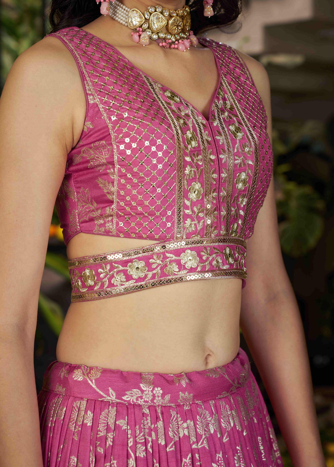 Pink Sequins and Zari Embroidery Work Silk Lehenga