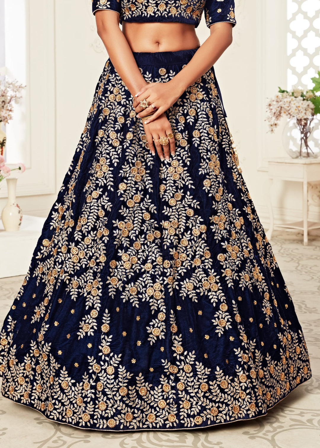 Navy Blue Velvet Lehenga With Zari & Thread embroidery With Diamond Work