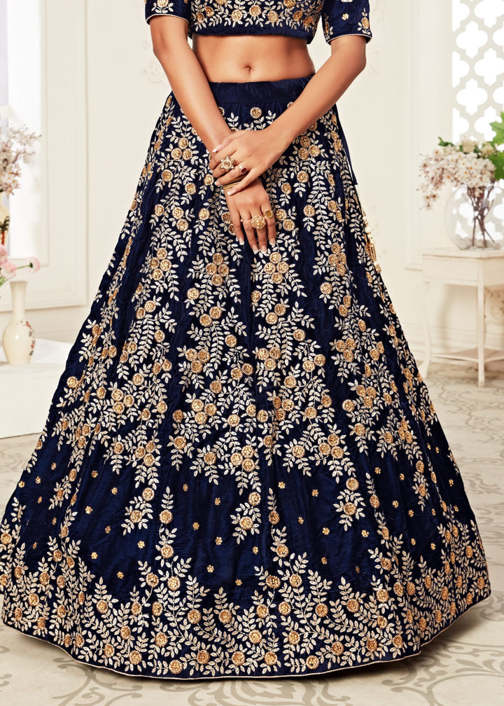 Navy Blue Velvet Lehenga With Zari & Thread embroidery With Diamond Work