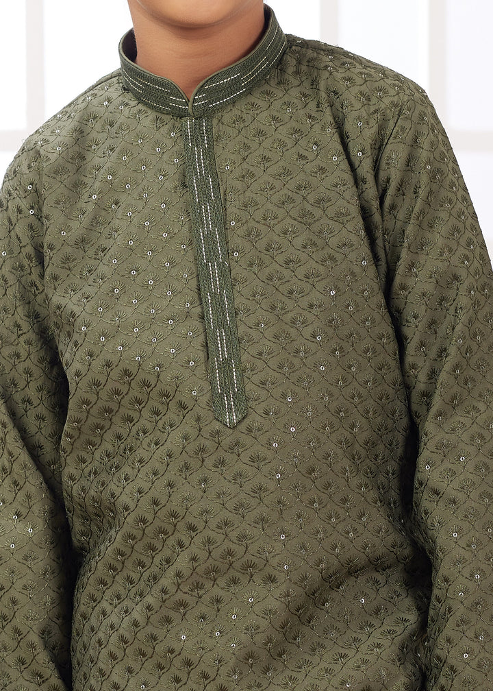 Mehendi Green Silk Mens Kurta Set With Thread Embroidery Work