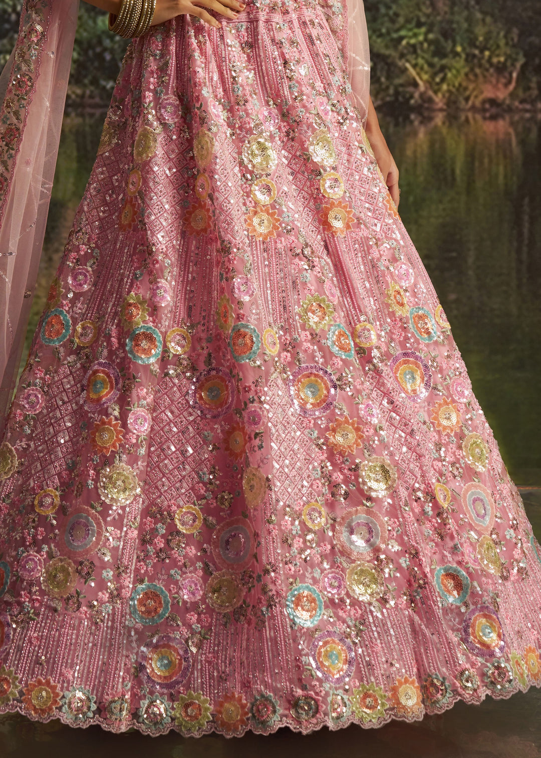 Bright Pink Soft Net Lehenga With Multicolor Floral Embroidery