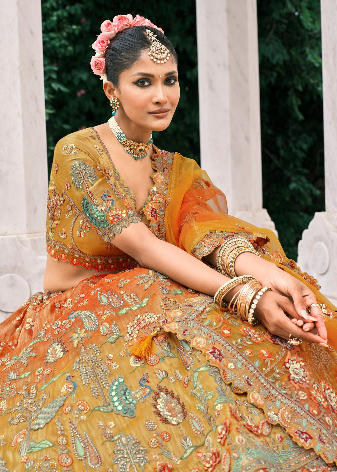 Cadmium Orange Fancy Silk Lehenga Choli With Cut Work Embroidery Border & Stone Work