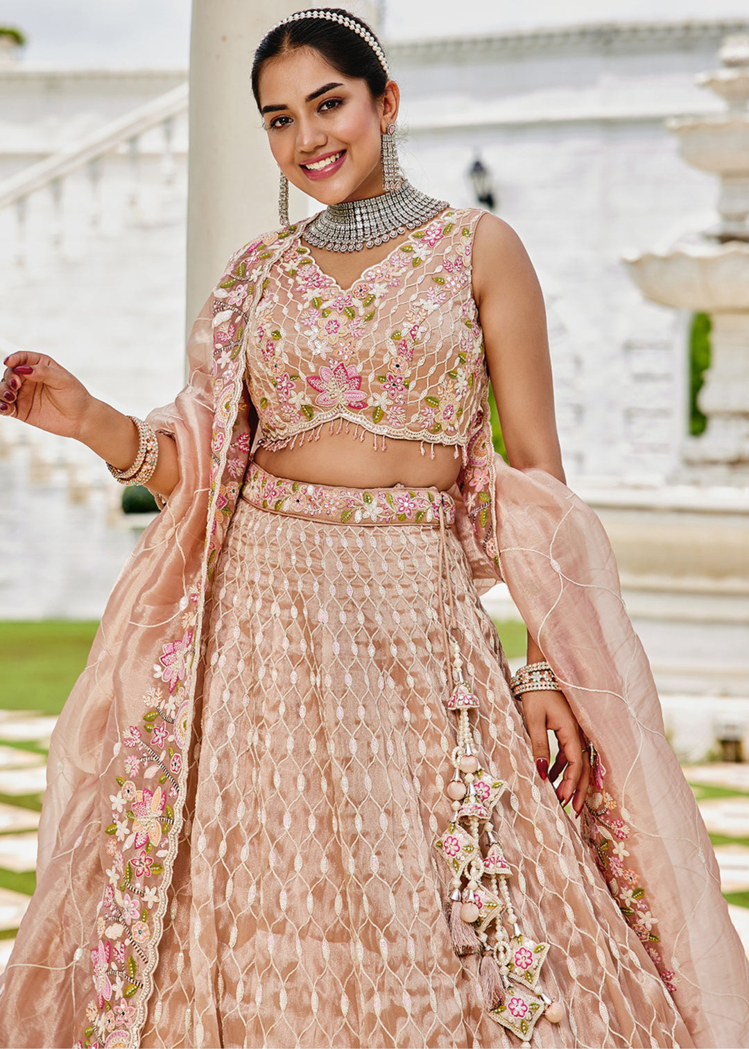 Nude Satin Silk Lehenga Choli with Sequinned Embroidered