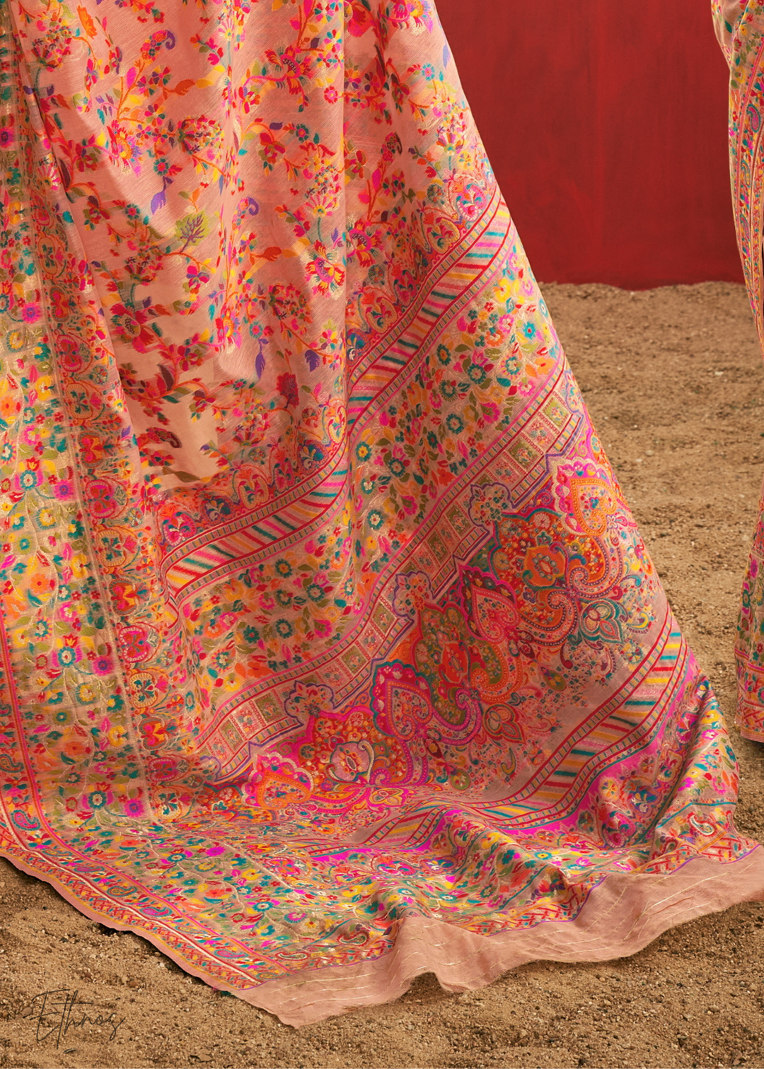 Blush Peach with Multicolour Kashmiri Floral Weave Saree