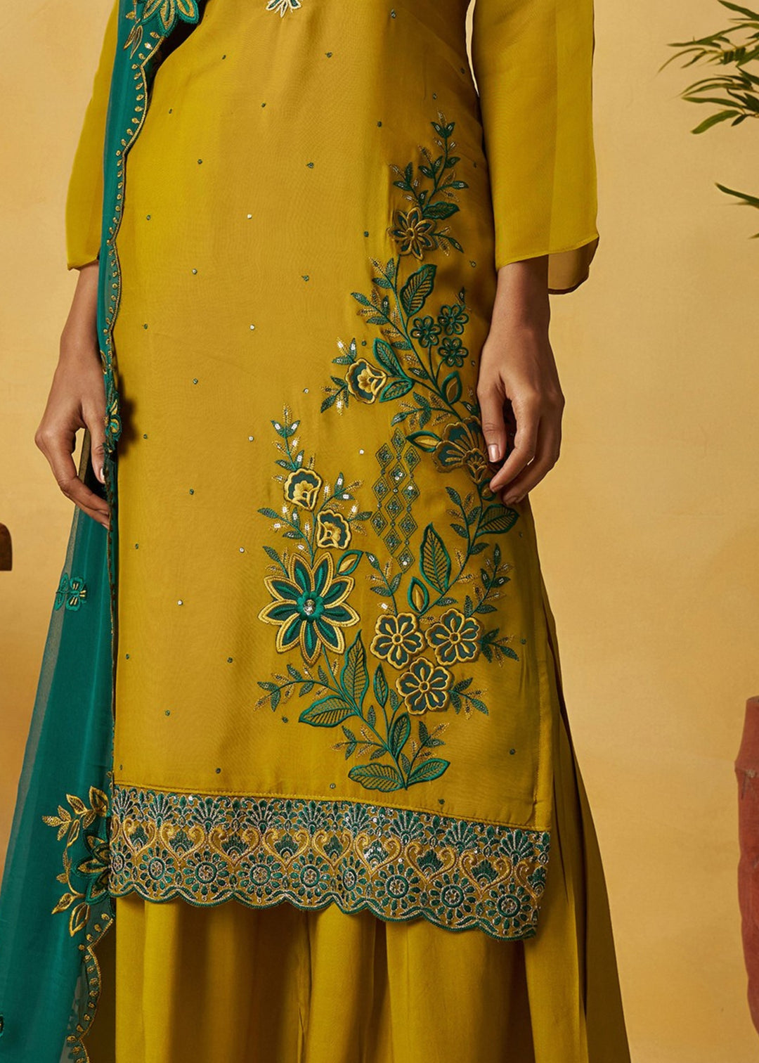 Mustard Yellow Salwar Suit with Teal Green Dupatta