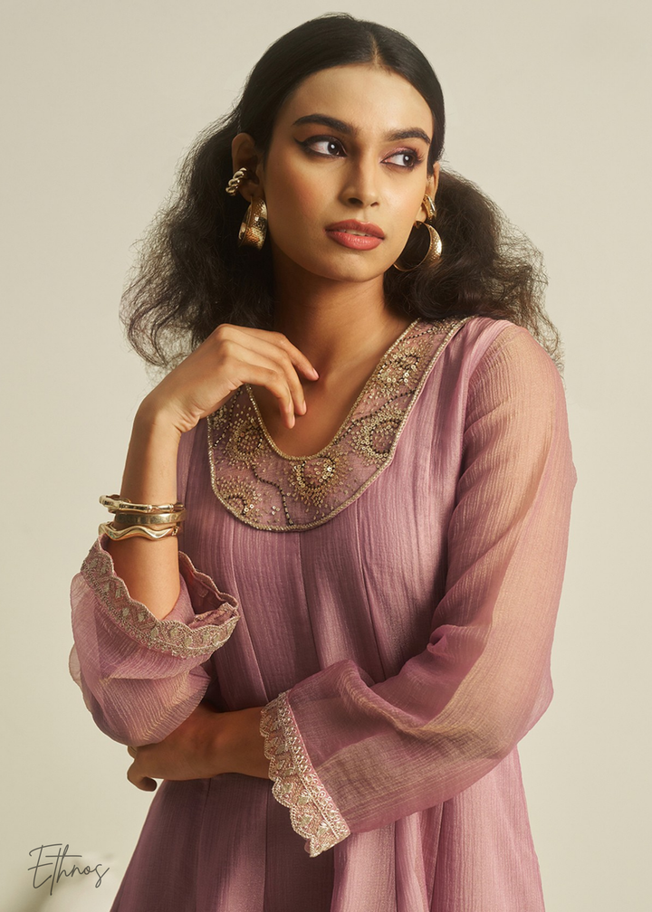 Pink Tissue Handwork Kurta With Pant