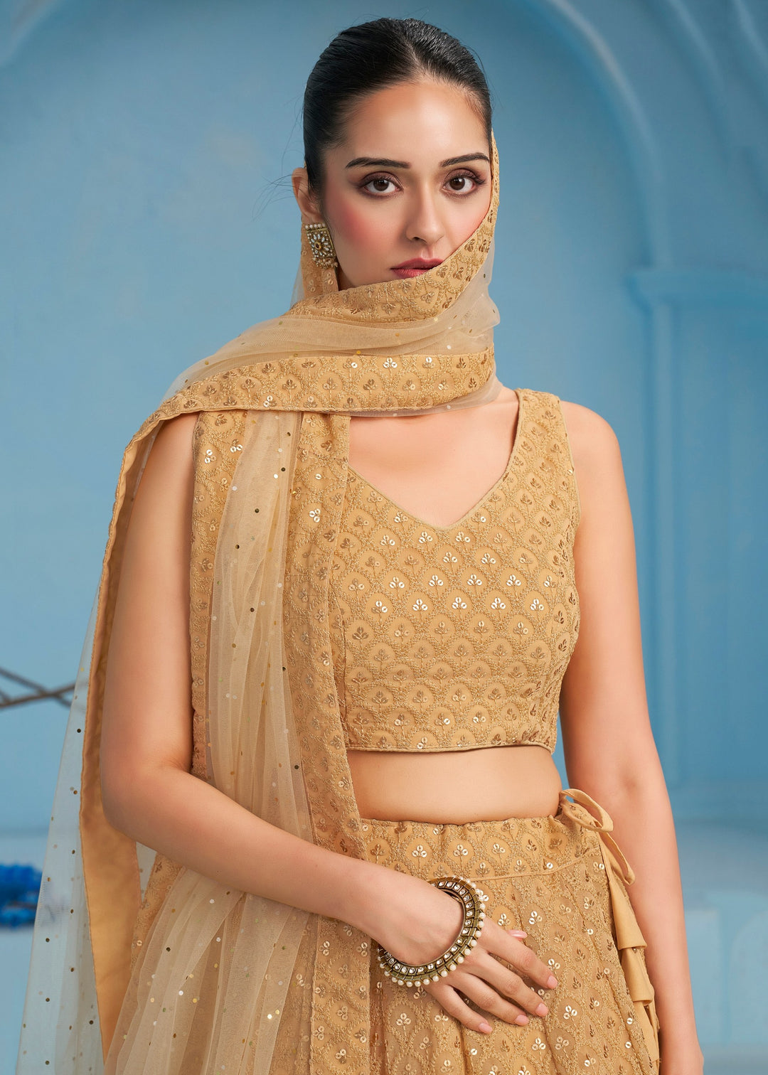 Beige Georgette Lehenga With Sequins and Thread Embroidered Work
