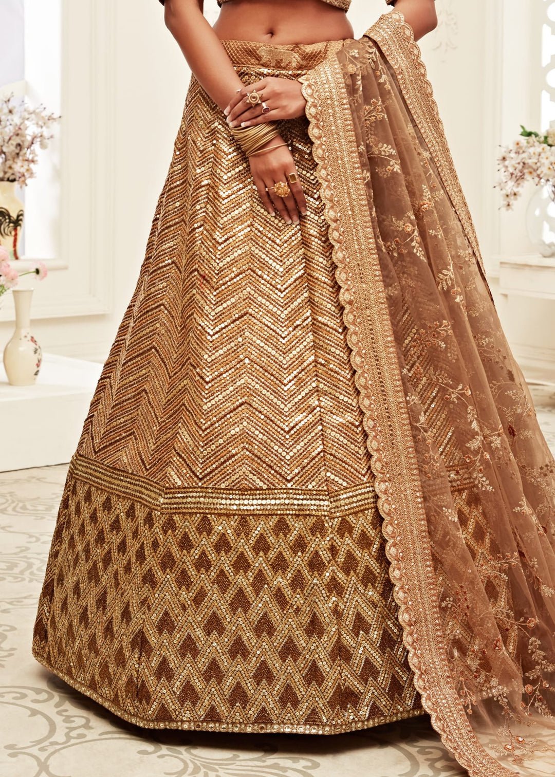 Brown Slub Silk Lehenga With Thread, Zari, Dori and Sequins Embroidery Work