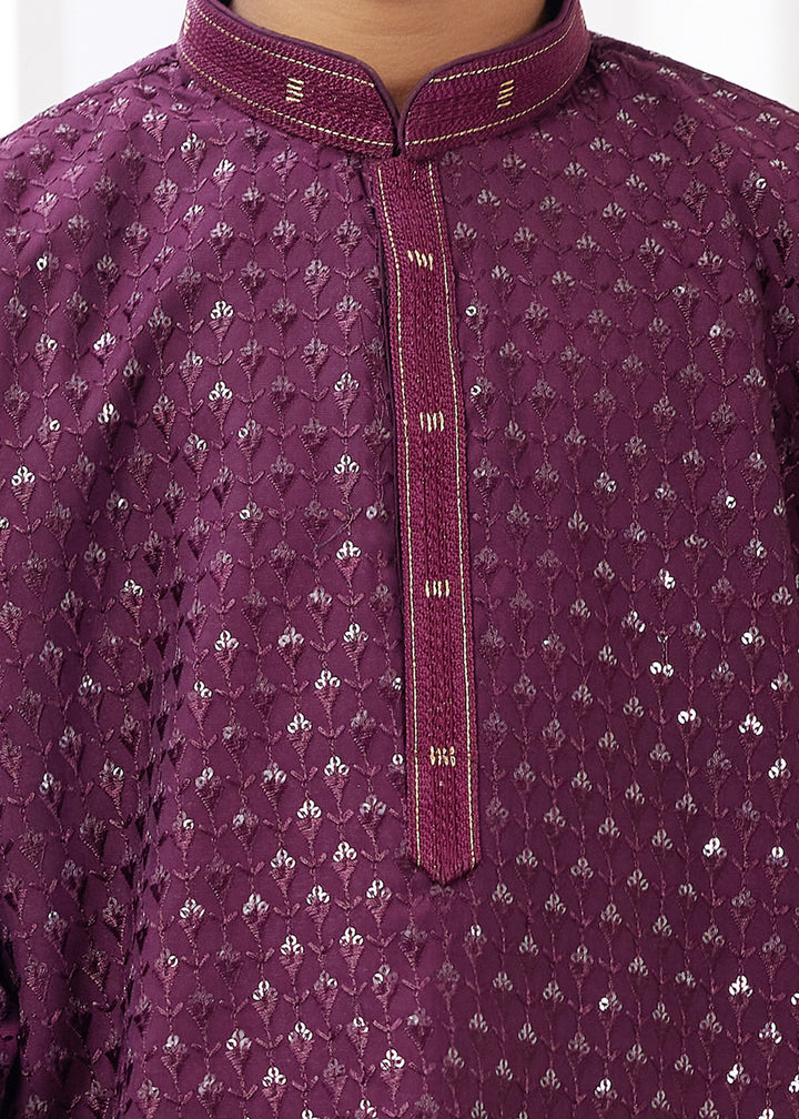 Wine Purple Silk Mens Kurta Set With Thread Embroidery Work