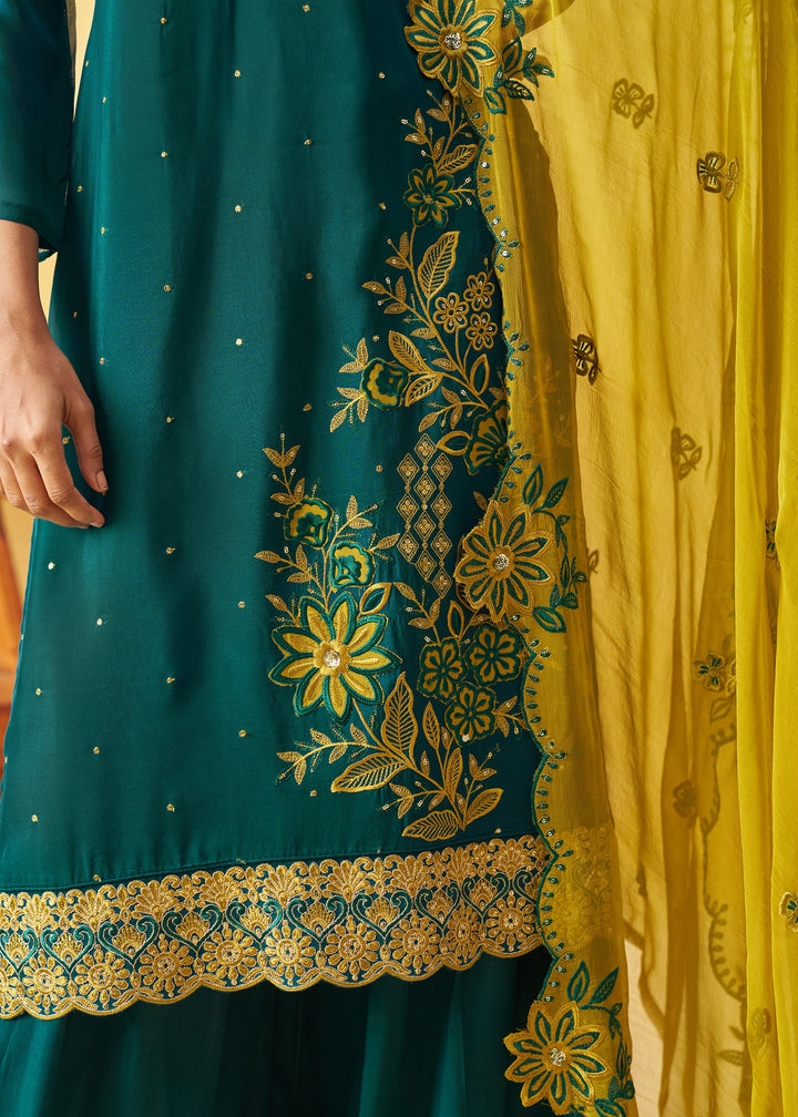 Dark Teal Green Salwar Suit with Mustard Yellow Dupatta