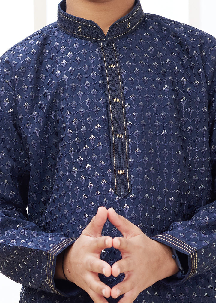 Dark Blue Silk Mens Kurta Set With Thread Embroidery Work
