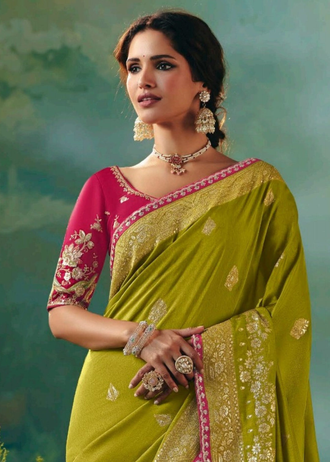 Olive Green Pure Viscose Dola Silk Saree with Zari Weaving & Embroidered Blouse