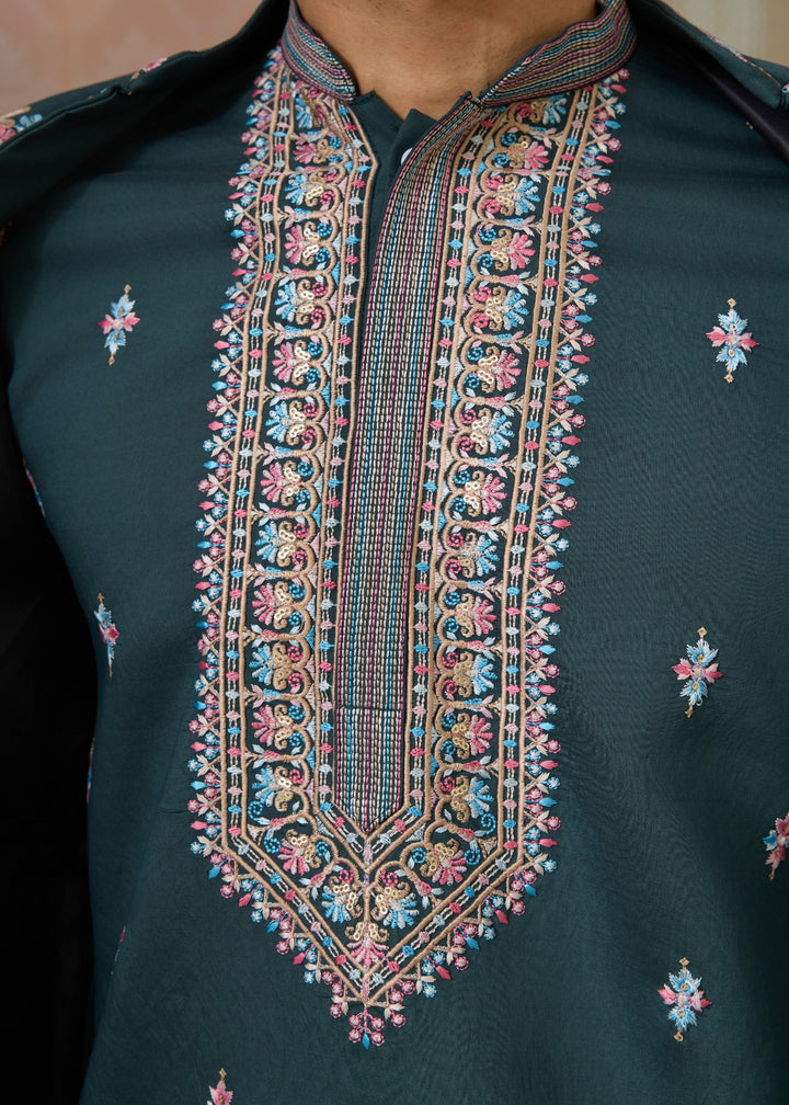 Rama Green Mens Wear Koti Style with Silk Kurta and Pajama