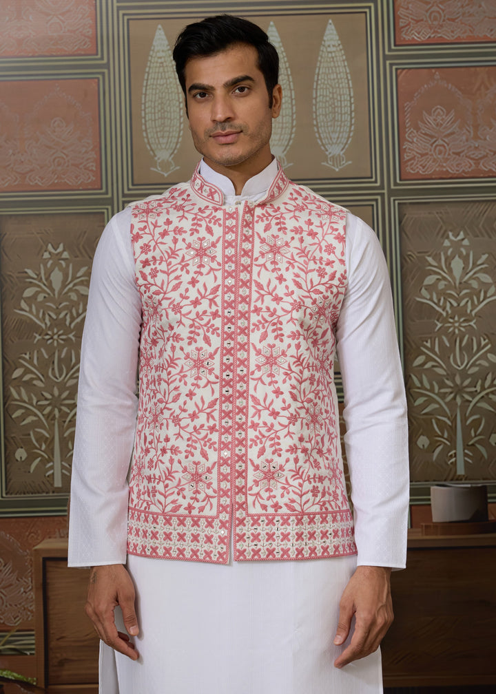 White Kurta And Pant With A Pink And White Embroidered Nehru Jacket
