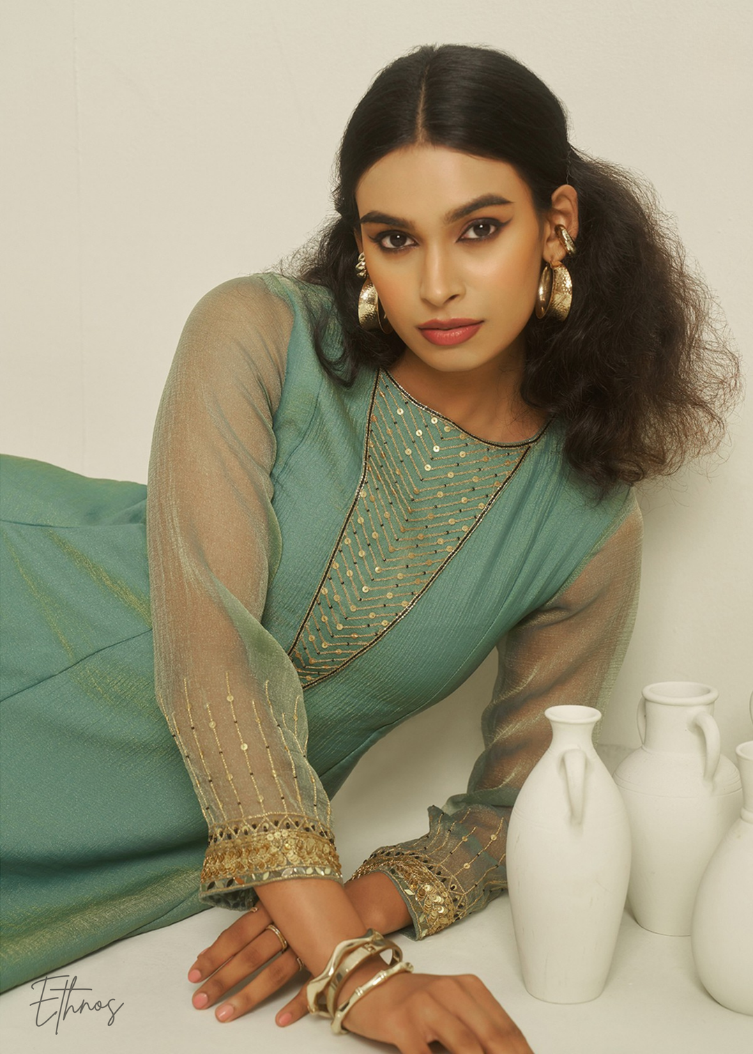 Sea Green Tissue Handwork Kurta With Pant