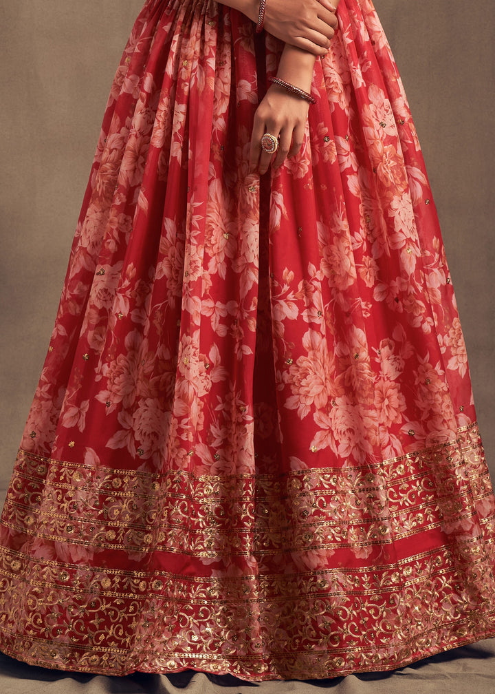 Red Organza Lehenga Sequins Zari Embroidery Work