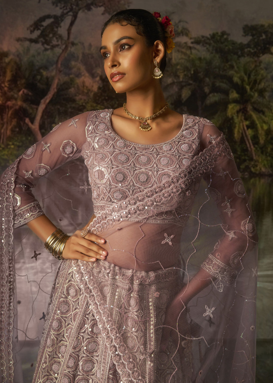 Mauve Soft Net Lehenga With Tonal Embroidery