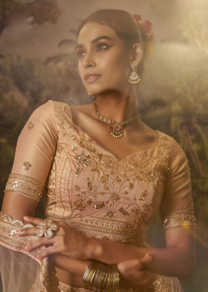 Peachy Rose Gold Gota Silk Lehenga With Embroidery