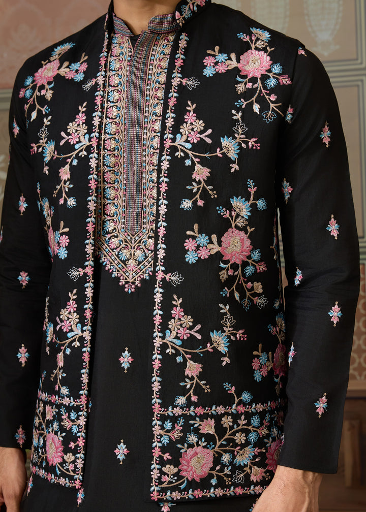 Jet Black Mens Wear Koti Style with Silk Kurta and Pajama