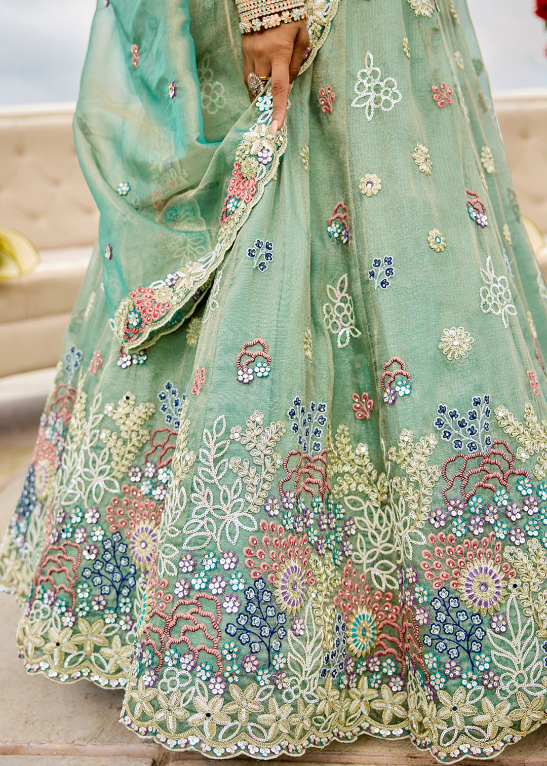 Limegreen Satin Silk Lehenga Choli with Sequinned Embroidered