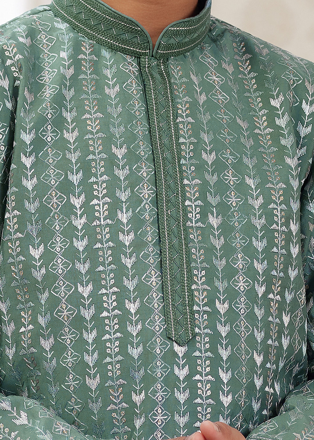 Ocean Green Silk Mens Kurta Set With Thread Embroidery Work
